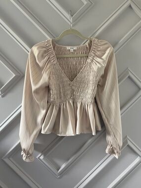 Neutral Beige Smocked Peplum Blouse - Mine
